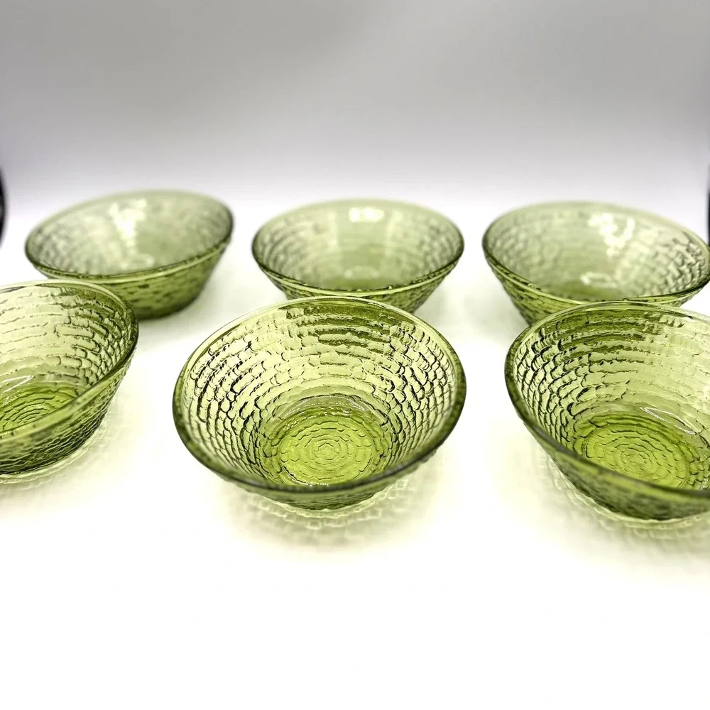 Anchor Hocking Soreno Avocado Green Glass Fruit Dessert Bowls Set of 6 Vintage